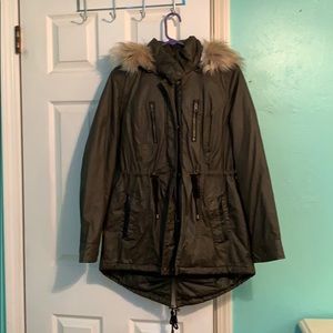 army green jacket with faux fur hood!!
